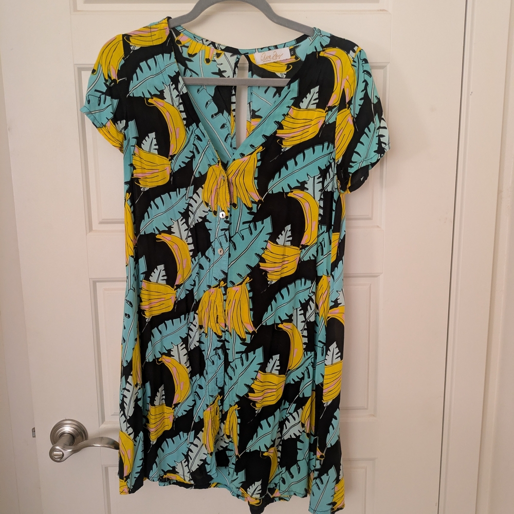 Ava Sky Teal and Black Leaf Print Dress